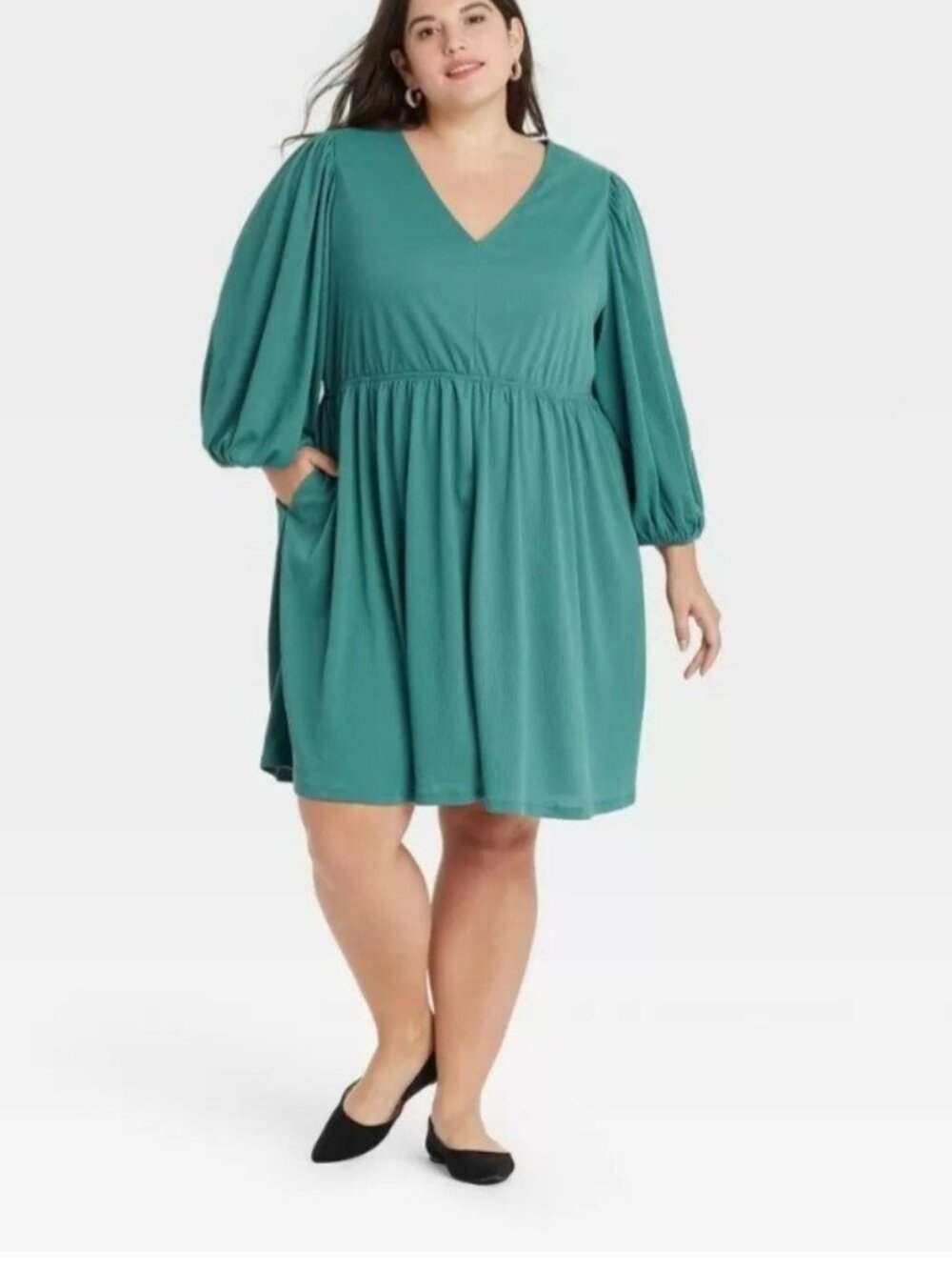 Ava & Viv Plus Size V-Neck Balloon Sleeve Mini Dress Teal Green Size 3X
